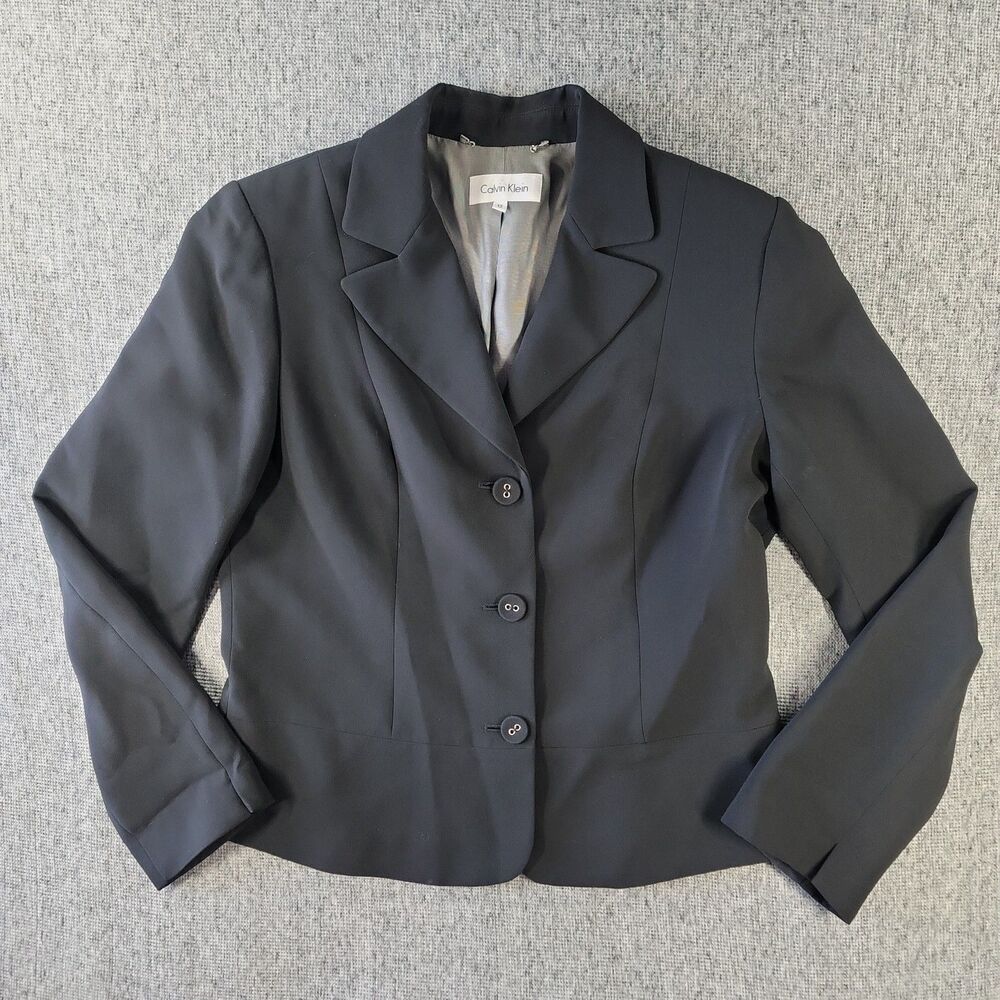 Calvin Klein Womens Size 12 Black Blazer Jacket Fabric Covered Buttons Career L